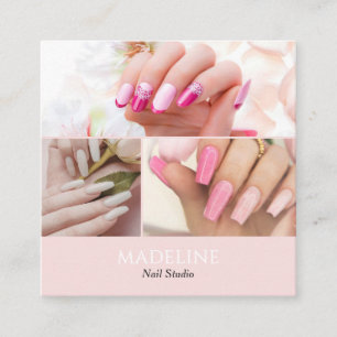 Cartão De Visita Quadrado Código QR de 3 Fotos de Artista de Unhas Rosa Bege