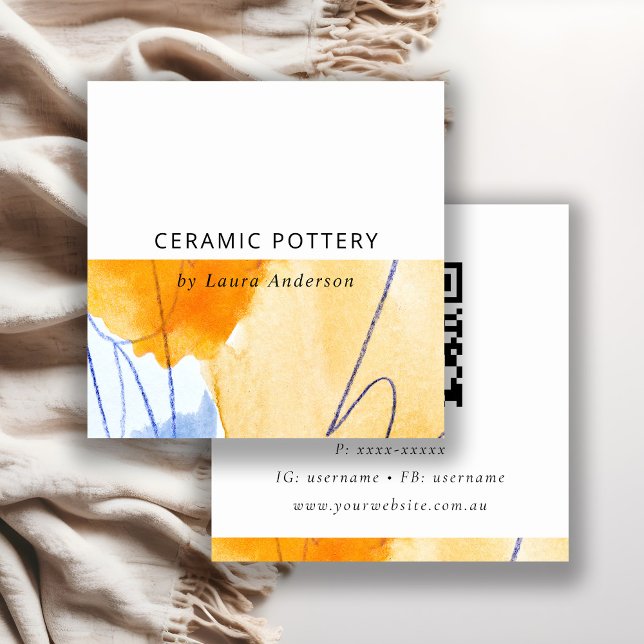 Cartão De Visita Quadrado Código QR de Abstrato artístico amarelo amarelo am (Criador carregado)