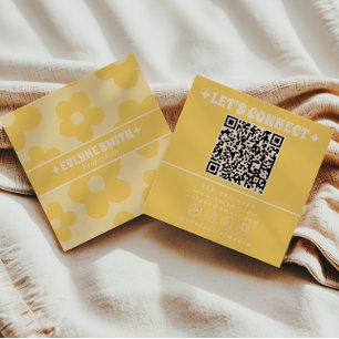 Cartão De Visita Quadrado Código QR de Creme Amarelo Retro Floral Moderno e
