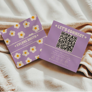 Cartão De Visita Quadrado Código QR de Creme Roxo Retro Floral Groovy Fashio