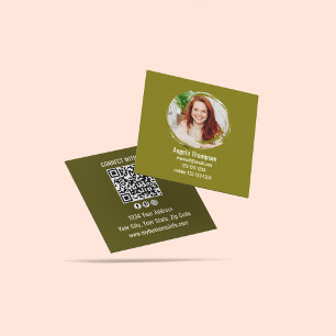 Cartão De Visita Quadrado Código QR de Foto Conectar comigo Verde