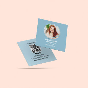 Cartão De Visita Quadrado Código QR de Foto 'Conecte-se Comigo' Azul