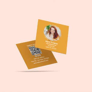 Cartão De Visita Quadrado Código QR de Foto Conecte-se Comigo Laranja