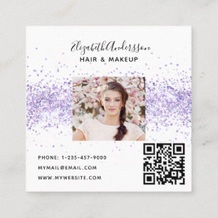 Cartão De Visita Quadrado Código qr de foto de perfil de brilho branco viole