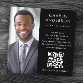 Cartão De Visita Quadrado Código QR de foto preto elegante mínimo moderno