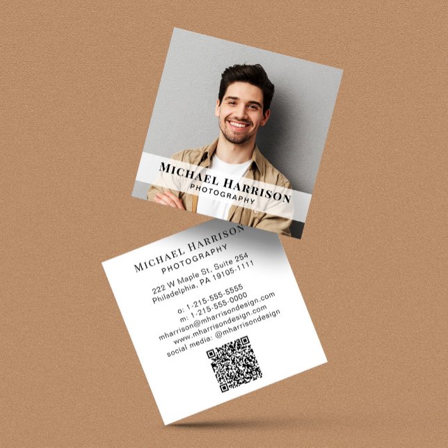 Cartão De Visita Quadrado Código QR de Foto Profissional (Make connections and leave a lasting impression with our modern QR code and photo business card)