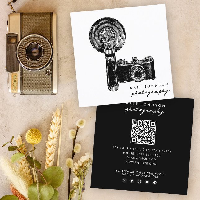 Cartão De Visita Quadrado Código QR de Fotografia de Script de Câmera Fotogr (Photographer Camera Script Photography QR Code Square Business Card)
