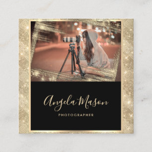 Cartão De Visita Quadrado Código QR de Fotografia Fotógrafo Dourado Único Pr
