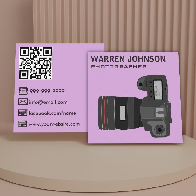 Cartão De Visita Quadrado Código QR de Fotógrafo Moderno Roxo (Criador carregado)