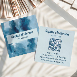 Cartão De Visita Quadrado Código QR de Geodo em Aquarela Azul Profissional