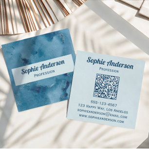 Cartão De Visita Quadrado Código QR de Geodo em Aquarela Azul Profissional