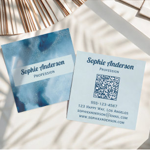 Cartão De Visita Quadrado Código QR de Geodo em Aquarela Azul Profissional