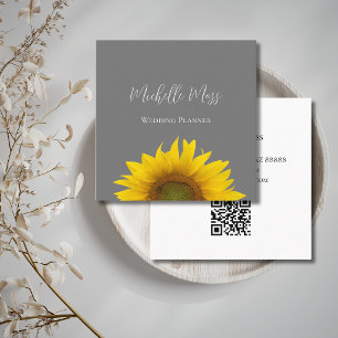 Cartão De Visita Quadrado Código QR de Girassol Moderno Elegante Cinza