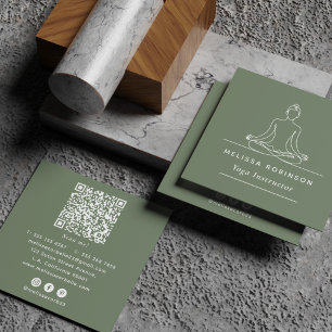 Cartão De Visita Quadrado Código QR de Instrutor de Yoga & Mídia Social Verd