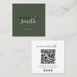 Cartão De Visita Quadrado código QR de letra cursiva verde escuro quadrado