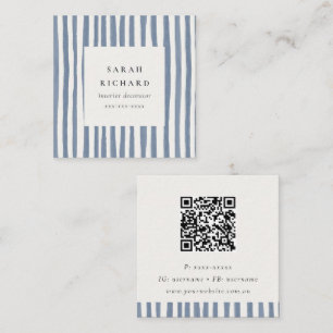 Cartão De Visita Quadrado Código QR de Listras Desenhadas à Mão em Azul Boho