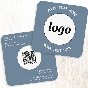 Cartão De Visita Quadrado Código QR de Logotipo e Texto Simples Cinza Azul E