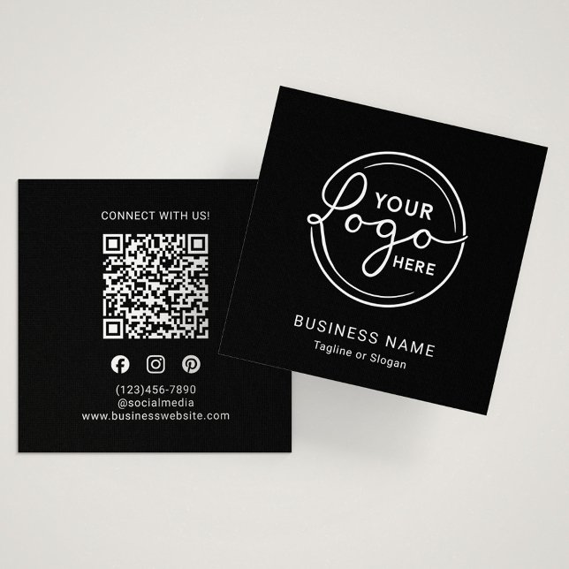 Cartão De Visita Quadrado Código QR de Logotipo Personalizado Preto Moderno (Criador carregado)