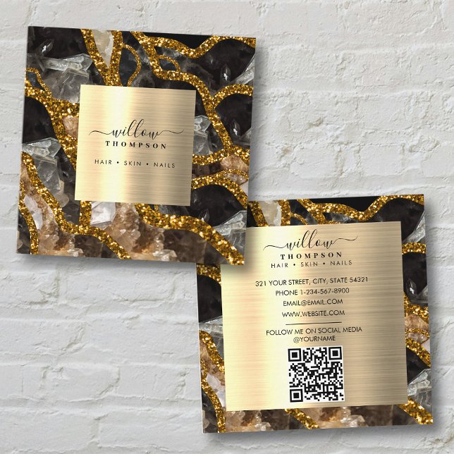 Cartão De Visita Quadrado Código QR de mídia social de geode Dourado preto (Black Gold Geode Agate Social Media QR Code Square Business Card)