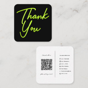 Cartão De Visita Quadrado Código QR de Mídia Social Neon Verde Obrigado