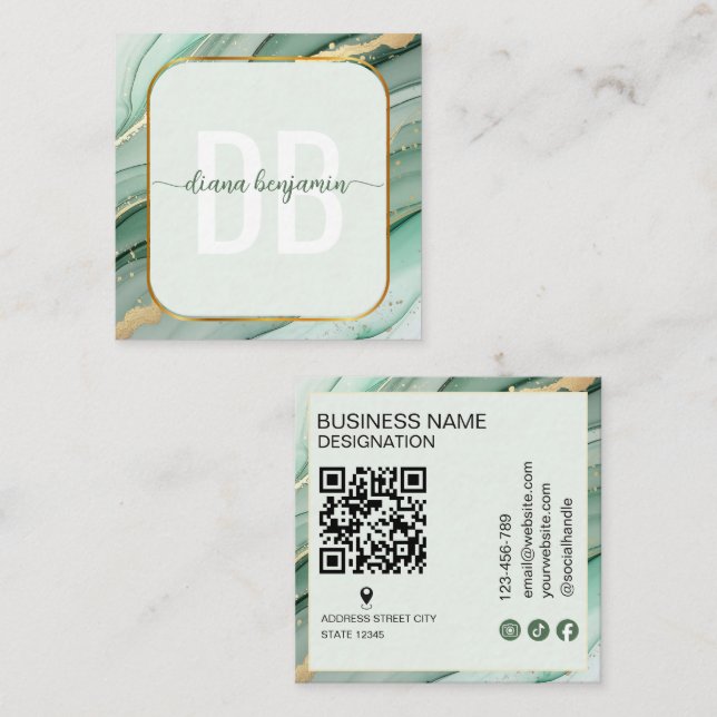 Cartão De Visita Quadrado Código Qr de monograma dourado em verde sálvia mod (Frente/Verso)