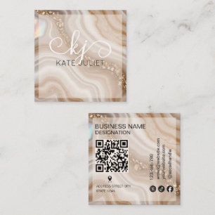 Cartão De Visita Quadrado Código Qr de monograma em aquarela moderna bege e