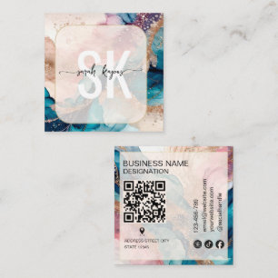 Cartão De Visita Quadrado Código Qr de monograma em Aquarela Moderna e Folha