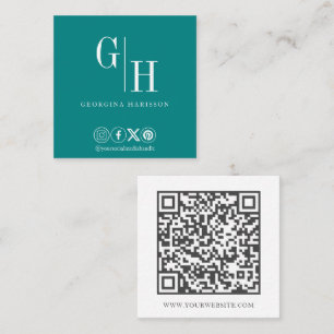 Cartão De Visita Quadrado Código QR de Monograma Minimalista Turquesa