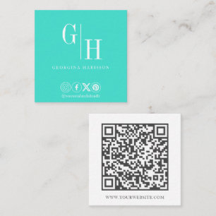 Cartão De Visita Quadrado Código QR de Monograma Simples Aqua Teal