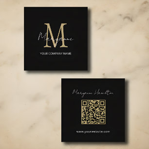 Cartão De Visita Quadrado Código QR de Monograma Simples Preto