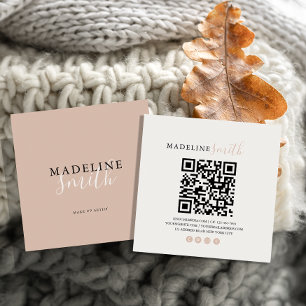 Cartão De Visita Quadrado código QR de script bege Boho quadrado