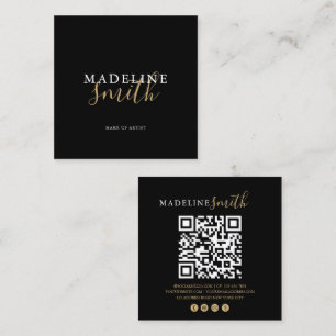 Cartão De Visita Quadrado código QR de script dourado preto quadrado