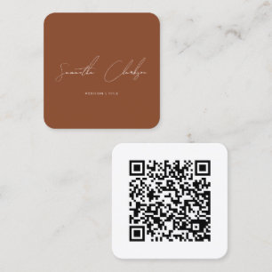 Cartão De Visita Quadrado Código QR de Script Manuscrito de Terracotta Simpl