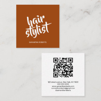 Cartão De Visita Quadrado Código QR de terracota com escrita de estilista de