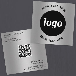 Cartão De Visita Quadrado Código QR de texto e logotipo simples Prata