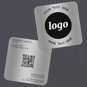 Cartão De Visita Quadrado Código QR de texto e logotipo simples prateado