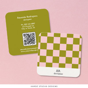 Cartão De Visita Quadrado Código QR de Verificação Verde Rosa Moderno