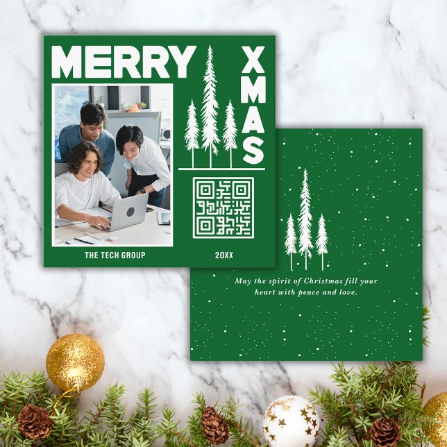 Cartão De Visita Quadrado Código QR do Green & White Merry Xmas (Wish your clients Merry Christmas & promote your business at the same time. Get yours today!)