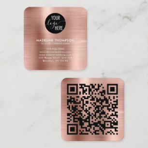 Cartão De Visita Quadrado Código QR do Logotipo Dourado da Empresa com Rosa