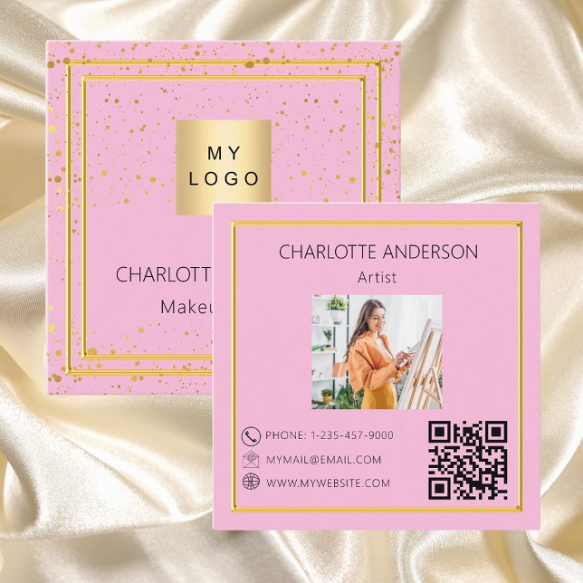 Cartão De Visita Quadrado Código QR do logotipo dourado rosa (Criador carregado)