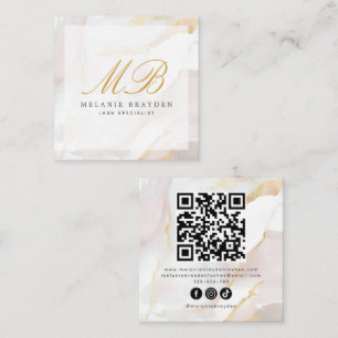 Cartão De Visita Quadrado Código QR do Monograma de Mármore Cor-de-rosa com