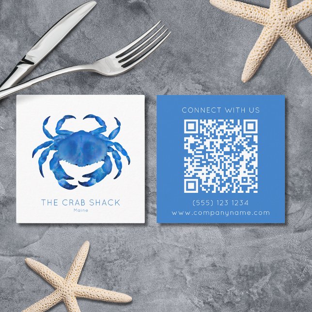 Cartão De Visita Quadrado Código QR do Restaurante de Frutos do Mar Blue Cra (Crab Seafood restaurant/guest house square business cards with custom QR code. Shellfish Blue Beach)
