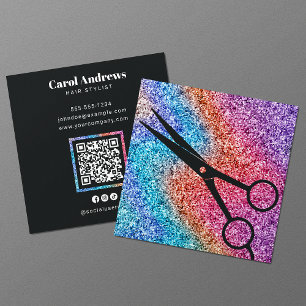 Cartão De Visita Quadrado Código QR do Salão de Cabelos Preto da Tesoura Bri