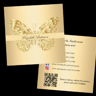 Cartão De Visita Quadrado Código QR dourado de borboleta