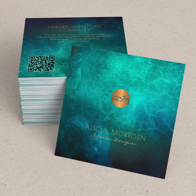 Cartão De Visita Quadrado Código QR elegante verde-aquarela escura monograma (Criador carregado)