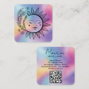Cartão De Visita Quadrado Código QR Floral Boho Elegante Arte de Linha Arco-