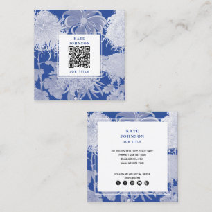 Cartão De Visita Quadrado Código QR Floral Chinês Vintage Azul Branco