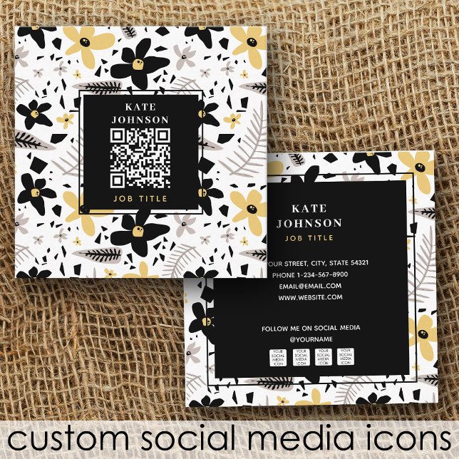 Cartão De Visita Quadrado Código QR Floral de Cinza Amarelo Abstrato Preto M (Modern Abstract Black Yellow Gray Floral QR Code Square Business Card)