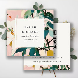 Cartão De Visita Quadrado Código QR Floral Pintado com Coloração Cor-de-Rosa