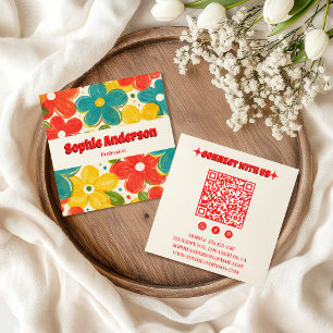 Cartão De Visita Quadrado Código QR Floral Retro em Negrito com Tipografia V